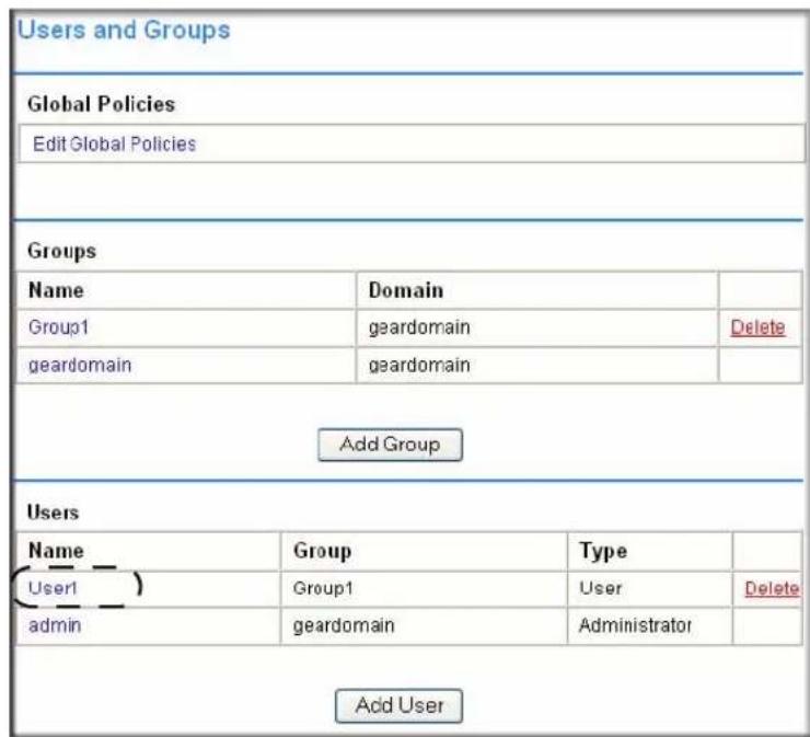 Users and Groups Global Policies Edit Global Policies Groups Name Domain Group1 geardomain Delete geardomain geardomain Add Group Users Name Group Waye User1 Group1 User Delete admin geardomainAdministrator Add User