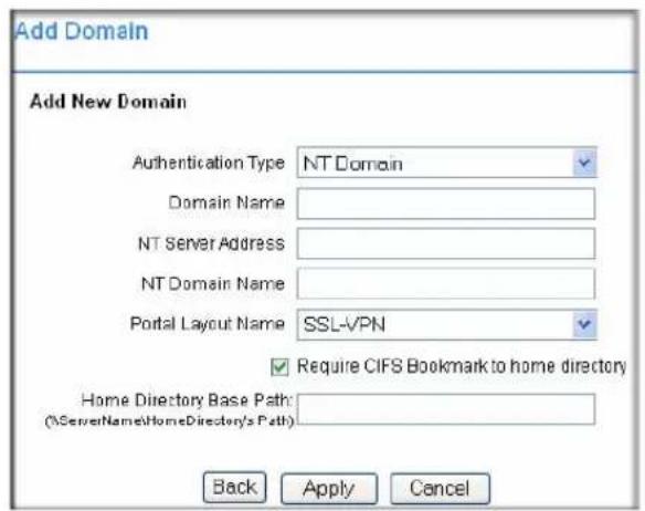 Add Domain Add New Domain Authentication Type NT Domain Domain Name NT Server Address NT Domain Name Portal Layout Name SSL-VPN ✓ Require CIFS Bookmark to home directory Home Directory Base Path: (%ServerName/HomeDirectory's Path) Back Apply Cancel