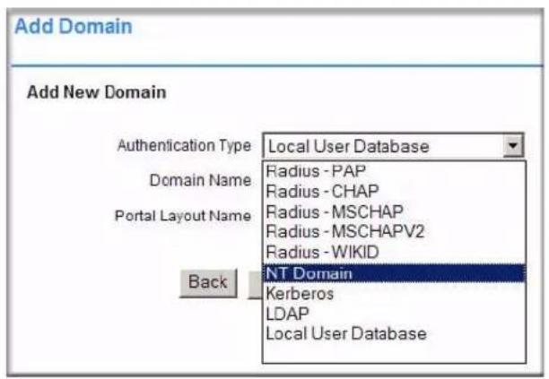 Add Domain Add New Domain Authentication Type Local User Database Domain Name Radius - PAP Radius - CHAP Portal Layout Name Radius - MSCHAP Radius - MSCHAPV2 Radius - WIKID NT Domain Back Kerberos LDAP Local User Database