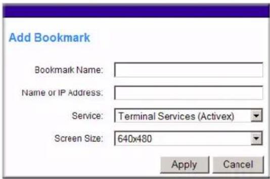 Add Bookmark Bookmark Name: Name or IP Address: Service: Terminal Services (Activex) Screen Size: 640x480 Apply Cancel