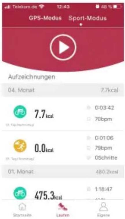 Telekom.de 12:43 48 % GPS-Modus Sport-Modus Aufzeichnungen 04. Monat 7,7kcal 7.7kcal 0:03:42 0.0kcal 70bpm 0.0kcal 0:01:06 0.0kcal 79bpm 01. Monat 0Schritte 480,2kcal 475,3kcal 1:18:47 Startseite Lauren Eigenes