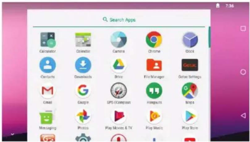 Search Apps Calculator Calculator Camera Chrome Clock Contacts Downloads Drive File Manager Getac Settings Gmail Google GPS-ECompass Hangouts Maps Messaging Photos Play Movies & TV Play Music Play Store