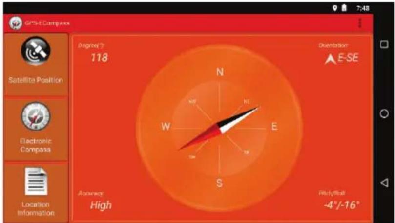 GPS-ECompass Satellite Position Electronic Compass Location Information Degree(°) 118 Orientation E-SE Accuracy: High PitchyRall -4°/-16°