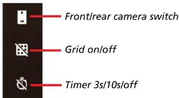 Front/rear camera switch Grid on/off Timer 3s/10s/off