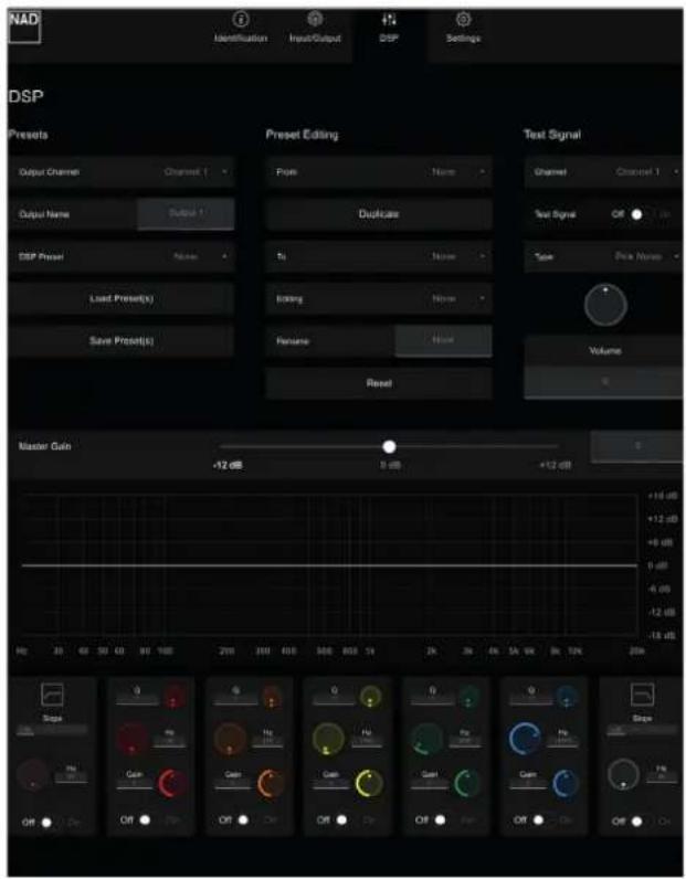 NAD Identification Input/Output DSP Settings DSP Presets Output Channel Channel 1 Output Name Output 1 DSP Preset Noise Load Preset(s) Save Preset(s) Preset Editing F Peaks Name Dualcale 5s None Eating None Panama None Reset Text Signal Channel Channel 1 Text Signal Off Scale Price Noise Volume Master Gain +12 dB 8 dB +12 dB -10 dB +12 dB +0 dB 0 dB -6 dB -12 dB -18 dB Hz 30 40 50 60 70 80 90 100 200 300 400 500 600 700 800 900 1000 200k Scope Hg Gain Gain Gain Gain Gain Gain Gain Gain Gain Gain Gain