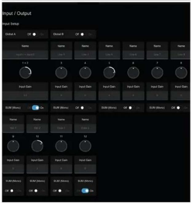 Input / Output Input Setup Global A Off ● On Global B Off ● On Name Input + Input 2 Name Line 1 Name Line 4 Name Line 6 Name Line 7 Name Line 9 1 x 2 3 4 5 6 7 8 Input Gain Input Gain Input Gain Input Gain Input Gain Input Gain Input Gain SUM (Mono) Off ● On SUM (Mono) Off ● On SUM (Mono) Off ● On SUM (Mono) Off ● On Name Out 1 Name Out 2 Name Out 3 9 10 11 12 Input Gain Input Gain Input Gain Input Gain SUM (Mono) SUM (Mono) SUM (Mono) SUM (Mono) Off ● On Off ● On Off ● On