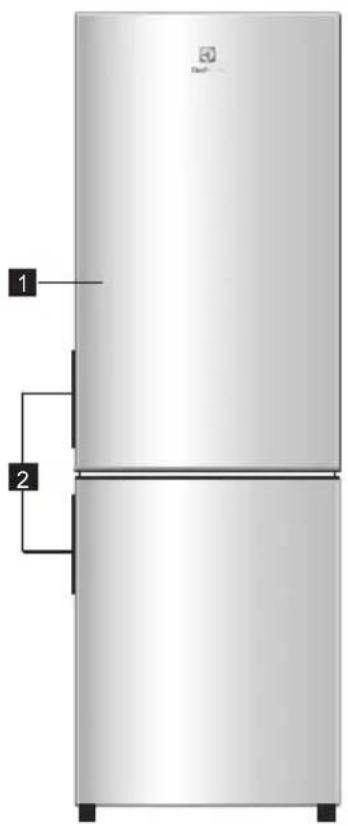 Diagram of a refrigerator with labeled parts, showing front and side views with numbered labels.