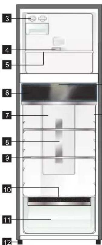 Diagram of a refrigerator interior with numbered compartments labeled 3 through 12
