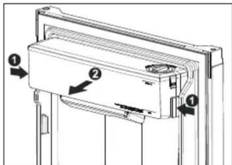Technical diagram of a refrigerant unit with labeled components and directional arrows indicating parts of the panel.