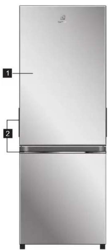 Diagram of a refrigerator with labeled parts, showing front and back views and numbered labels.