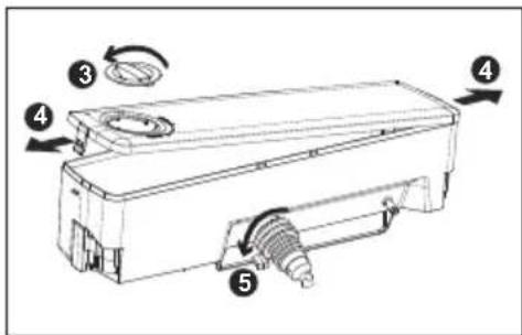 Technical diagram of a device with numbered parts and directional arrows indicating assembly or movement.
