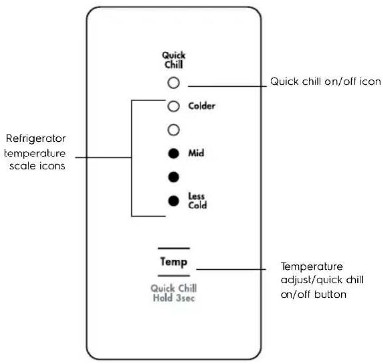 Quick Chill ○ Colder ○ Mid ● ● ● Less Cold Refrigerator temperature scale icons Temp Quick Chill Hold 3sec Quick chill on/off icon Temperature adjust/quick chill on/off button