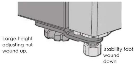 Large height adjusting nut wound up. stability foot wound down