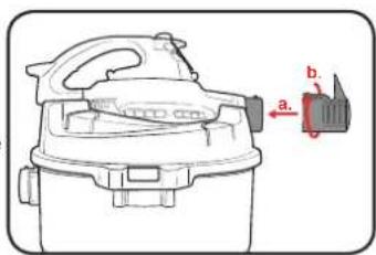 Diagram of a steam iron with labeled parts a. and b., showing internal structure and directional arrow.