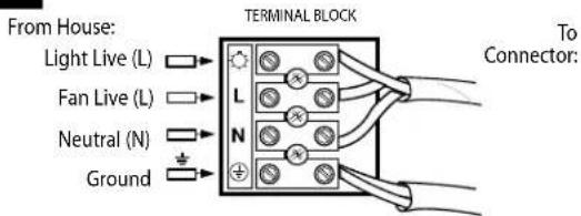 From House: Light Live (L) Fan Live (L) Neutral (N) Ground TERMINAL BLOCK L N To Connector: