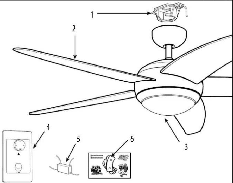 Diagram of a ceiling fan with labeled parts including fan, air conditioner, and control panel