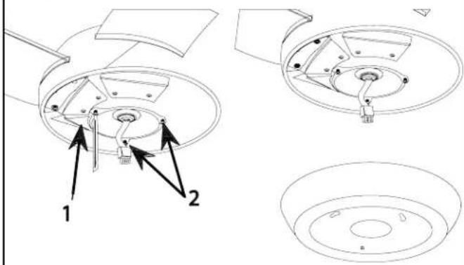 Technical diagram showing mechanical assembly with labeled parts 1 and 2, including exploded and assembled views.