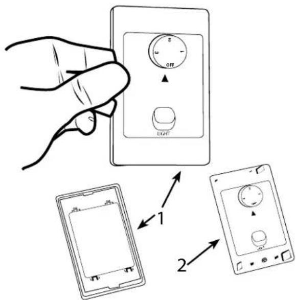 Diagram showing a hand holding a light switch with labeled controls and two separate devices, illustrating the process of switching from a device to a control panel.