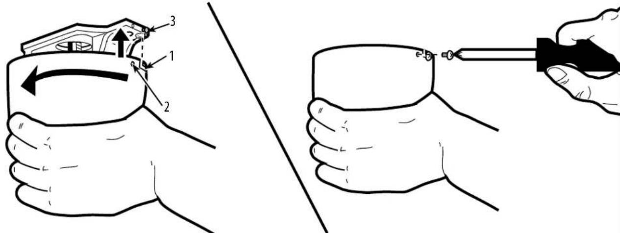 Diagram illustrating a hand turning a cup with labeled parts and a tool for adjusting the cup's tip.