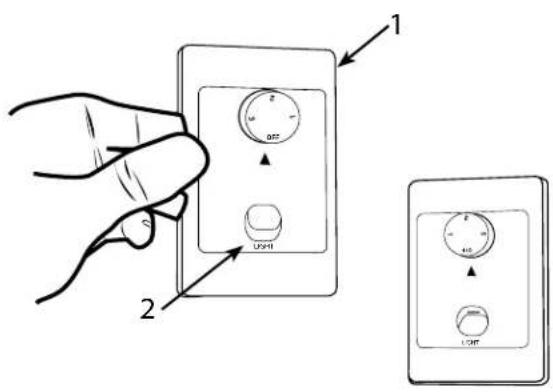 Diagram showing hand holding two switches labeled 1 and 2, with rotary dials and indicator lights.