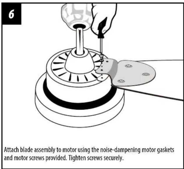 6 Attach blade assembly to motor using the noise-dampening motor gaskets and motor screws provided. Tighten screws securely.
