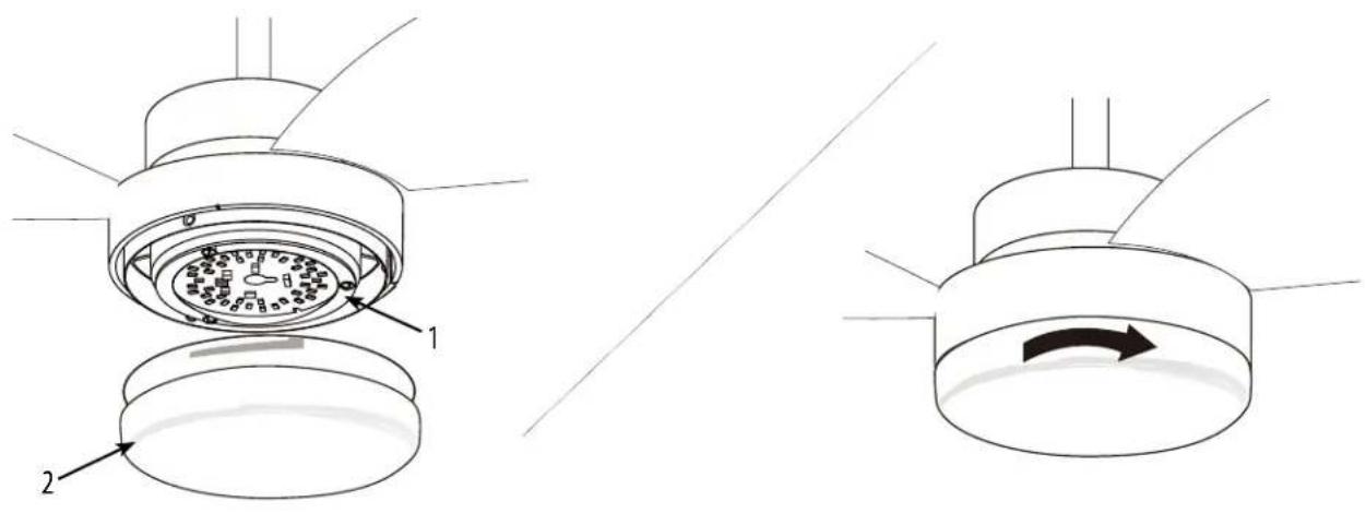 Technical diagram showing two views of a mechanical component with labeled parts and directional arrows indicating motion or movement.