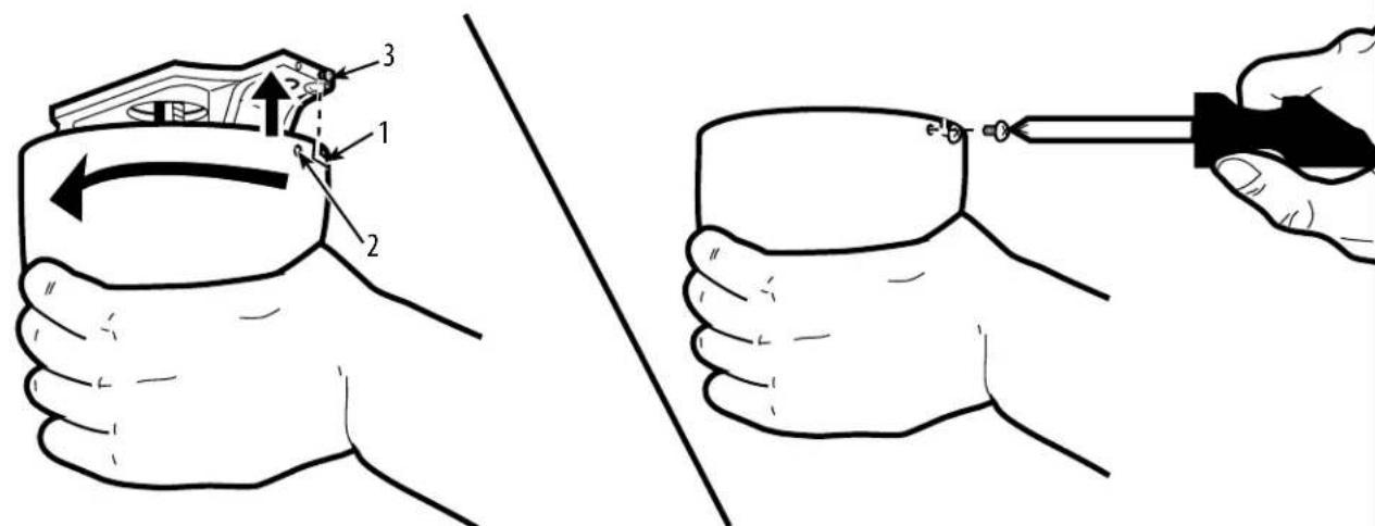 Diagram illustrating a hand operating a tool to adjust a device with labeled parts and directional arrows.