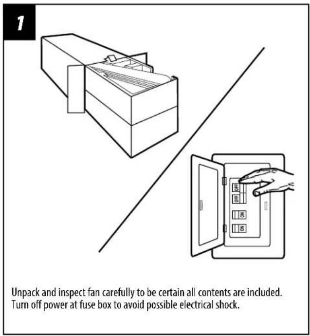 1 Unpack and inspect fan carefully to be certain all contents are included. Turn off power at fuse box to avoid possible electrical shock.