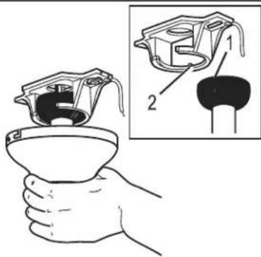 Diagram showing a hand holding a bowl with a container, alongside an inset diagram of a mechanical component labeled 1 and 2.
