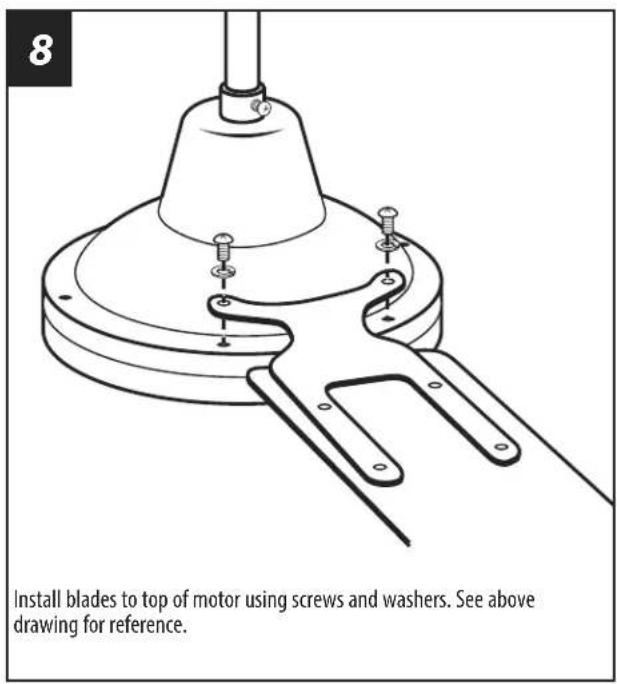 8 Install blades to top of motor using screws and washers. See above drawing for reference.
