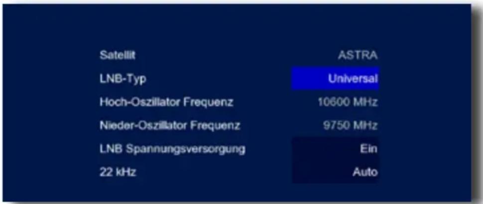 Satellit ASTRA LNB-Typ Universal Hoch-Oszillator Frequenz 10600 MHz Nieder-Oszillator Frequenz 9750 MHz LNB Spannungsversorgung Ein 22 kHz Auto