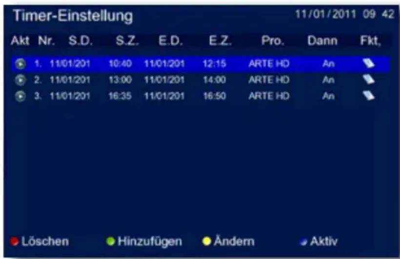 Timer-Einstellung 11/01/2011 09 42 Akt Nr. S.D. S.Z. E.D. E.Z. Pro. Dann Fkt. 1. 11/01/201 10:40 11/01/201 12:15 ARTE HD An 2. 11/01/201 13:00 11/01/201 14:00 ARTE HD An 3. 11/01/201 16:35 11/01/201 16:50 ARTE HD An Löschen Hinzufügen Ändern Aktiv