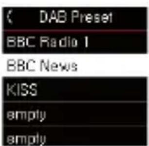 DAB Preset BBC Radio 1 BBC News KISS empty empty