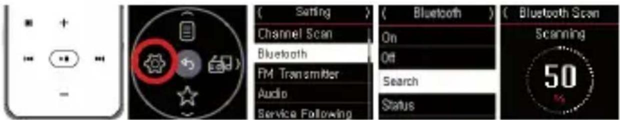 Setting Channel Scan Bluetooth FM Transmitter Audio Service Following ( Bluetooth ) On Off Search Status ( Bluetooth Scan Scanning 50 %