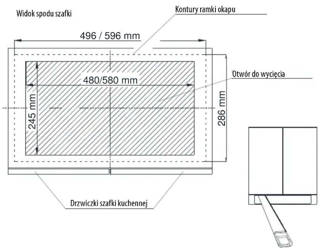 Widok spodu szafki 496 / 596 mm Kontury ramki okapu 480/580 mm 245 mm 286 mm Otwór do wycięcia Drzwiczki szafki kuchennej