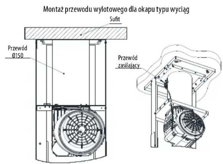 Montaż przewodu wylotowego dla okapu typu wyciąg Sufit Przewód Ø150 Przewód zasilający