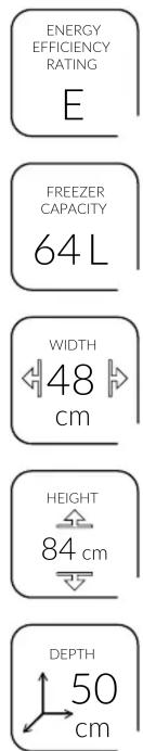 ENERGY EFFICIENCY RATING E FREEZER CAPACITY 64 L WIDTH 48 cm HEIGHT 84 cm DEPTH 50 cm