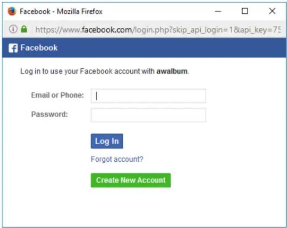 Facebook - Mozilla Firefox https://www.facebook.com/login.php?skip_api_login=1&api_key=75 Facebook Log in to use your Facebook account with awalbum. Email or Phone: Password: Log In Forgot account? Create New Account