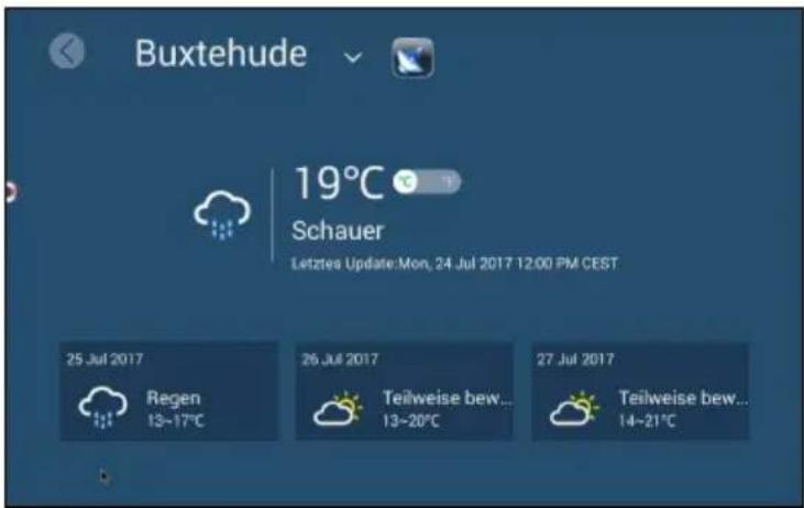 Buxtehude 19°C Schauer Letztes Update:Mon, 24 Jul 2017 12:00 PM CEST 25 Jul 2017 Regen 13~17°C 26 Jul 2017 Teilweise bew... 13~20°C 27 Jul 2017 Teilweise bew... 14~21°C