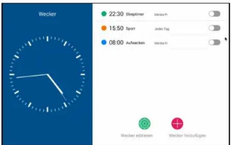 Wecker 22:30 Sleeptimer Maths Fr 15:50 Sport Jeden Tag 08:00 Aufwecken Maths Fr Wecker editieren Wecker hinzufügen