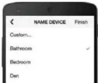 NAME DEVICE Finish Custom... Bathroom ✓ Bedroom Den