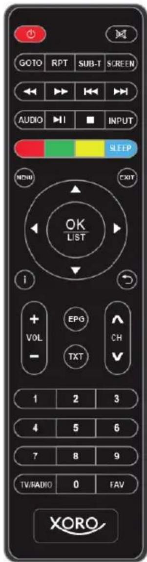 GOTO RPT SUB-T SCREEN AUDIO INPUT SLEEP OK LIST EXIT i + EPG VOL CH - TXT 1 2 3 4 5 6 7 8 9 TV/RADIO 0 FAV XORO