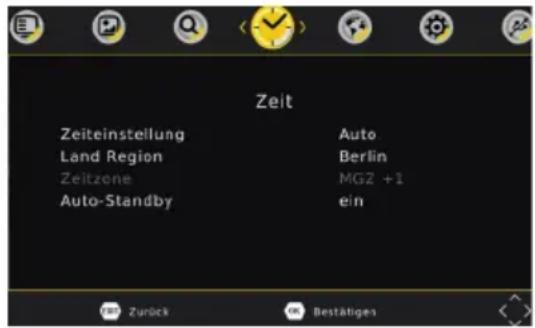 Zeit Zeiteinstellung Auto Land Region Berlin Zeitzone MGZ +1 Auto-Standby ein Zurück Bestätiges