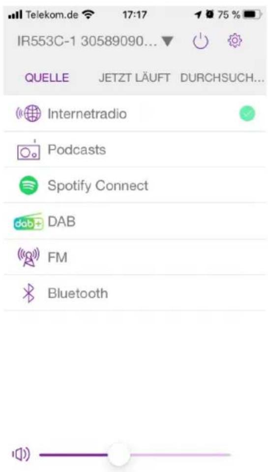 Telekom.de 17:17 75 % IR553C-1 30589090... QUELLE JETZT LÄUFT DURCHSUCH... Internetradio Podcasts Spotify Connect dab DAB FM Bluetooth