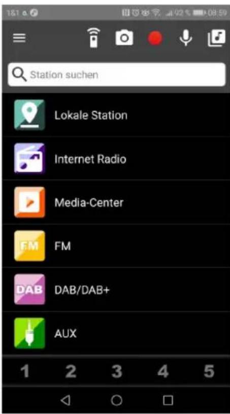Station suchen Lokale Station Internet Radio Media-Center FM FM DAB DAB/DAB+ AUX 1 2 3 4 5