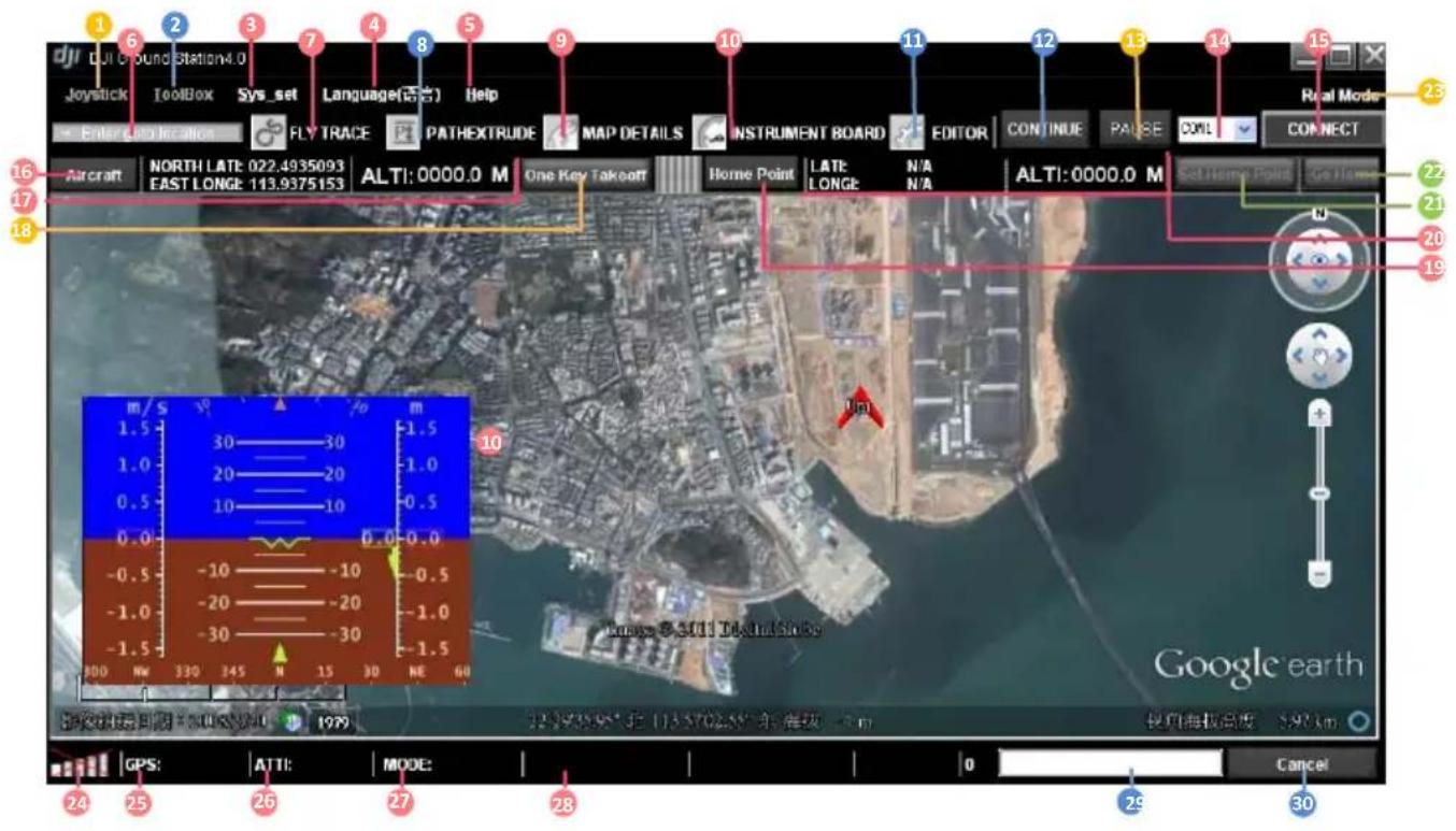 DJ1 Ground station4.0 Joystick ToolBox Sys_set Language(语言) Help Enter key locations FLY TRACE PATHEXTRUDE MAP DETAILS INSTRUMENT BOARD EDITOR CONTINUE PAUSE DONE Real Mode 23 Connect Aircraft NORTH LATE: 022.4935093 EAST LONGE: 113.9375153 ALTI: 0000.0 M One Key Takeoff Home Point LATE: N/A LONGE: N/A ALTI: 0000.0 M Set Home Point Go Home 22 21 20 19 m/s 1.5 30—30 1.0 20—20 0.5 10—10 0.0 -0.5 -10—-10 -1.0 -20—-20 -30—-30 -1.5 800 N= 330 345 N 15 30 NE 60 16 17 18 19 GPS: ATTI: MODE: OK Cancel Google earth 24 25 26 27 28 29 30