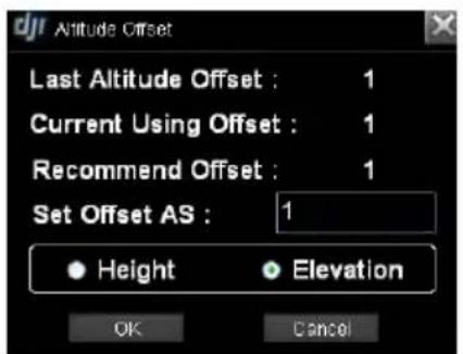 djr Altitude Offset Last Altitude Offset : 1 Current Using Offset : 1 Recommend Offset : 1 Set Offset AS : 1 ● Height ● Elevation OK Cancel