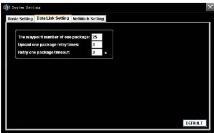 Syntes Setting Basic Setting Data Link Setting Network Setting The waypoint number of one package: 25 Upload one package retry times: 3 Retry one package timeout: 3 s DEFAULT