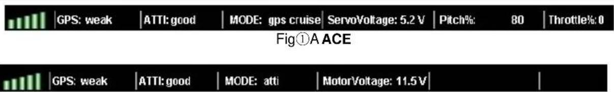 GPS: weak | ATTI: good | MODE: gps cruise | ServoVoltage: 5.2 V | Pitch%: 80 | Throttle%: 0 Fig①A ACE GPS: weak | ATTI: good | MODE: atti | MotorVoltage: 11.5V |