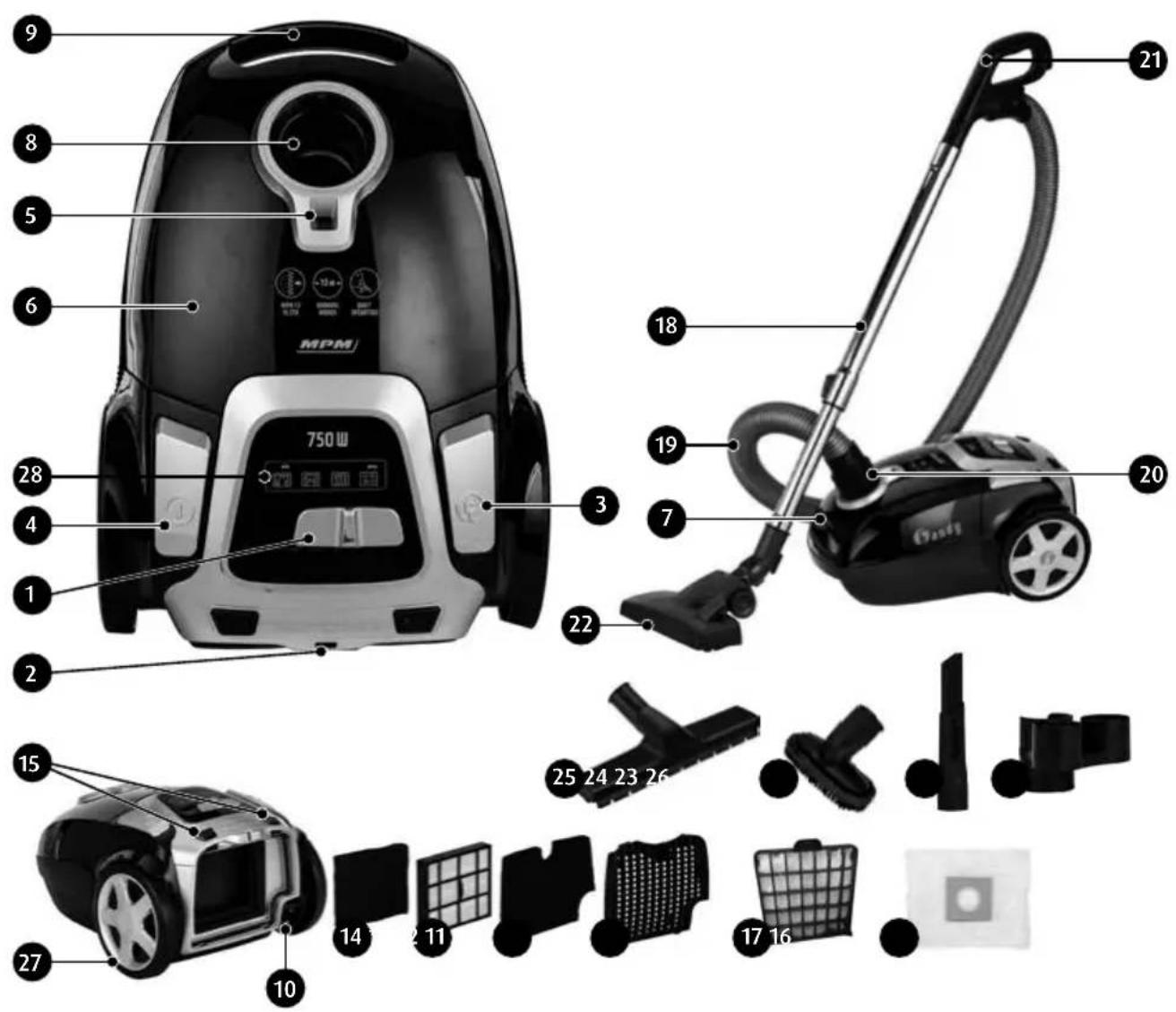 Exploded view diagram of a MPM air purifier with numbered parts and labeled components